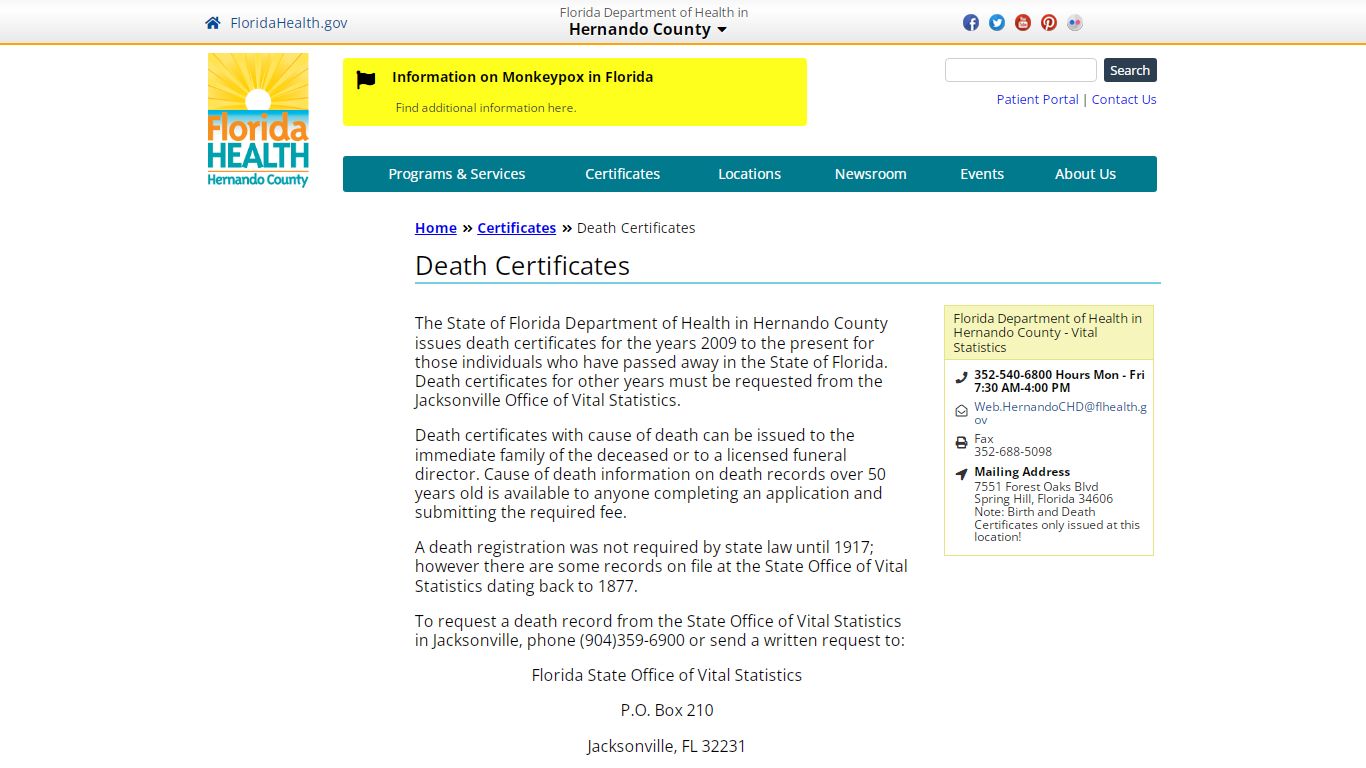 Death Certificates | Florida Department of Health in Hernando